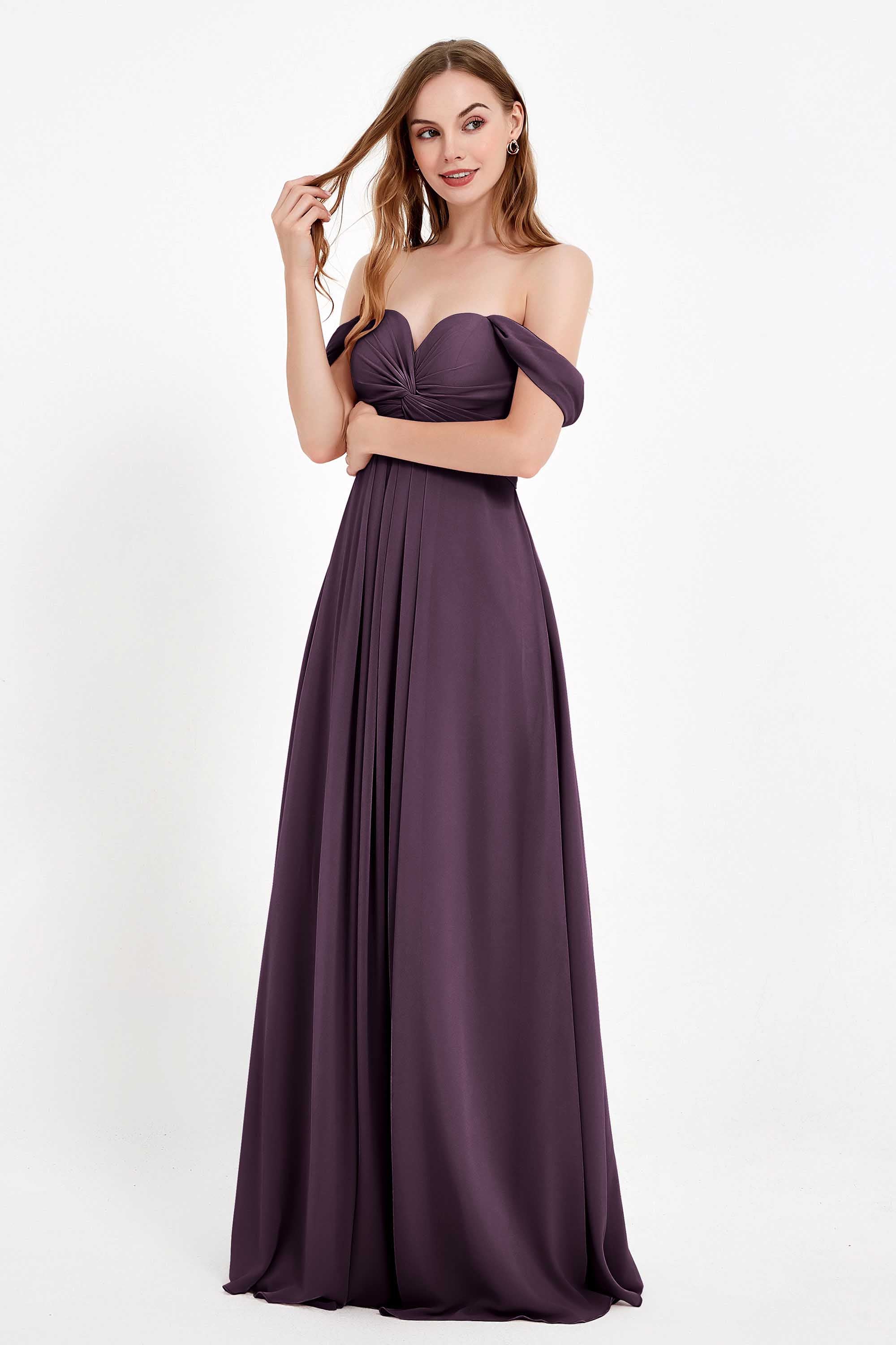 Off the Shoulder Chiffon Empire Bridesmaid Dress Pleated Ruched Long Formal Evening Gowns