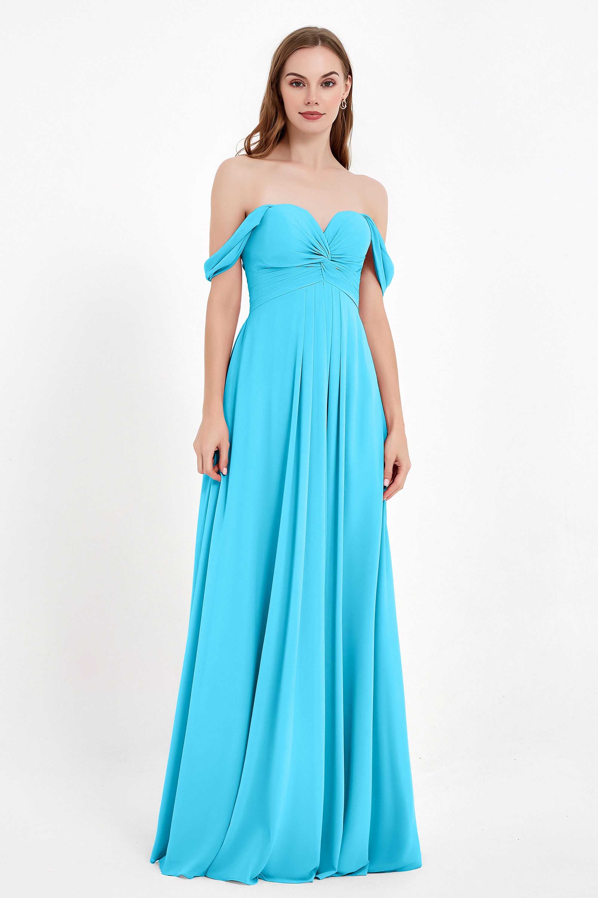 Off the Shoulder Chiffon Empire Bridesmaid Dress Pleated Ruched Long Formal Evening Gowns