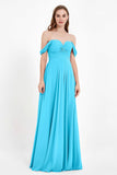 Off the Shoulder Chiffon Empire Bridesmaid Dress Pleated Ruched Long Formal Evening Gowns