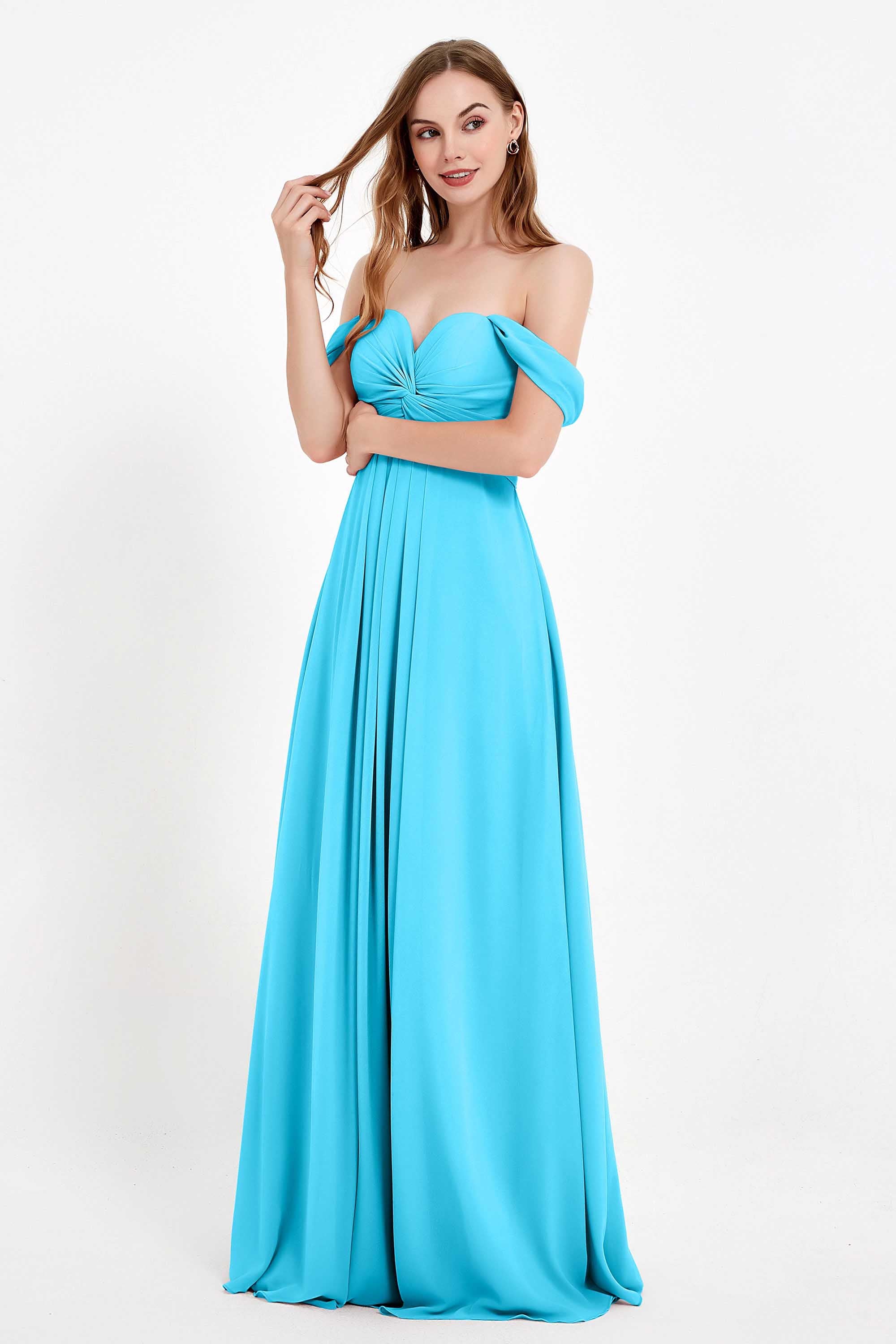 Off the Shoulder Chiffon Empire Bridesmaid Dress Pleated Ruched Long Formal Evening Gowns