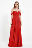Off the Shoulder Chiffon Empire Bridesmaid Dress Pleated Ruched Long Formal Evening Gowns