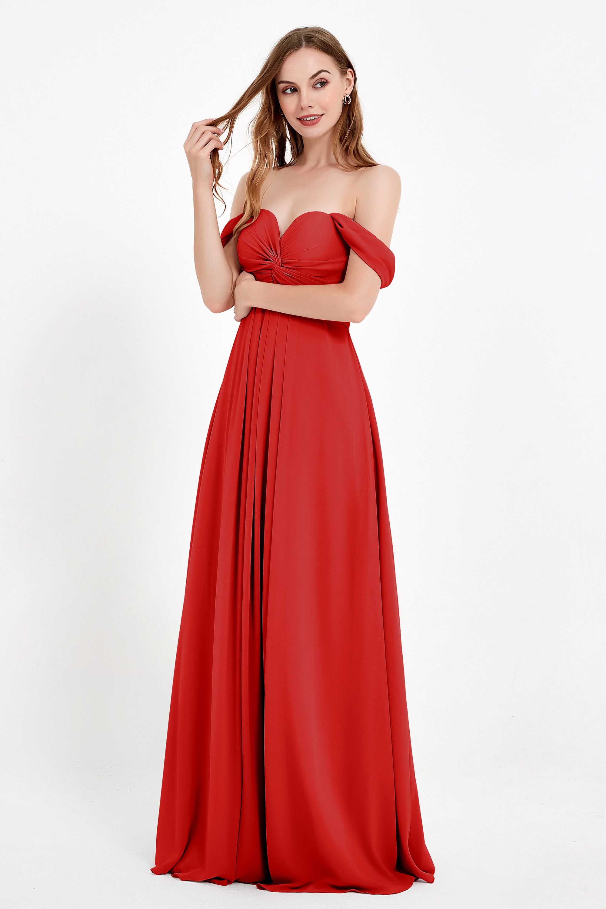 Off the Shoulder Chiffon Empire Bridesmaid Dress Pleated Ruched Long Formal Evening Gowns