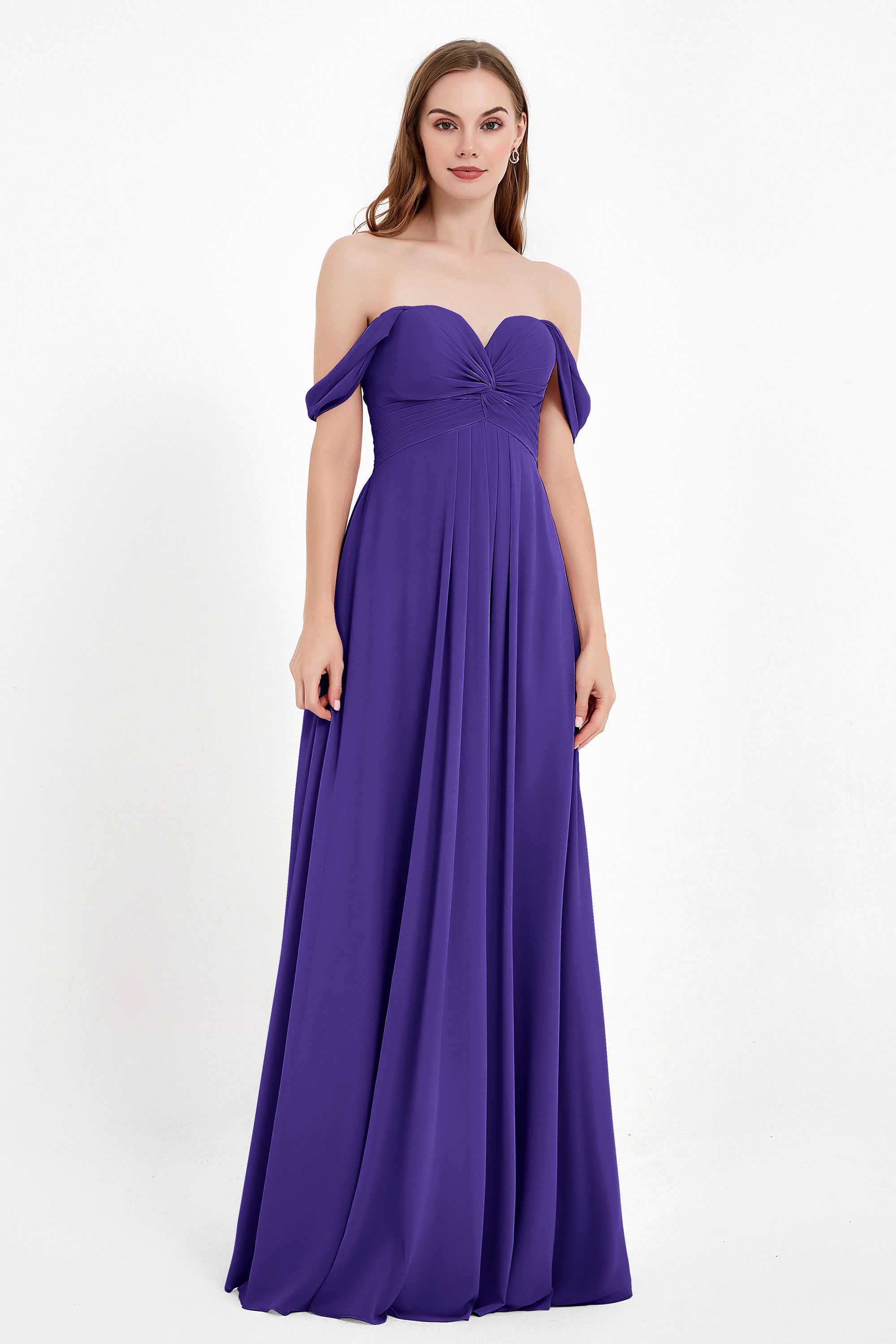 Off the Shoulder Chiffon Empire Bridesmaid Dress Pleated Ruched Long Formal Evening Gowns