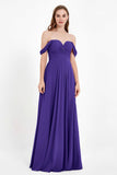 Off the Shoulder Chiffon Empire Bridesmaid Dress Pleated Ruched Long Formal Evening Gowns