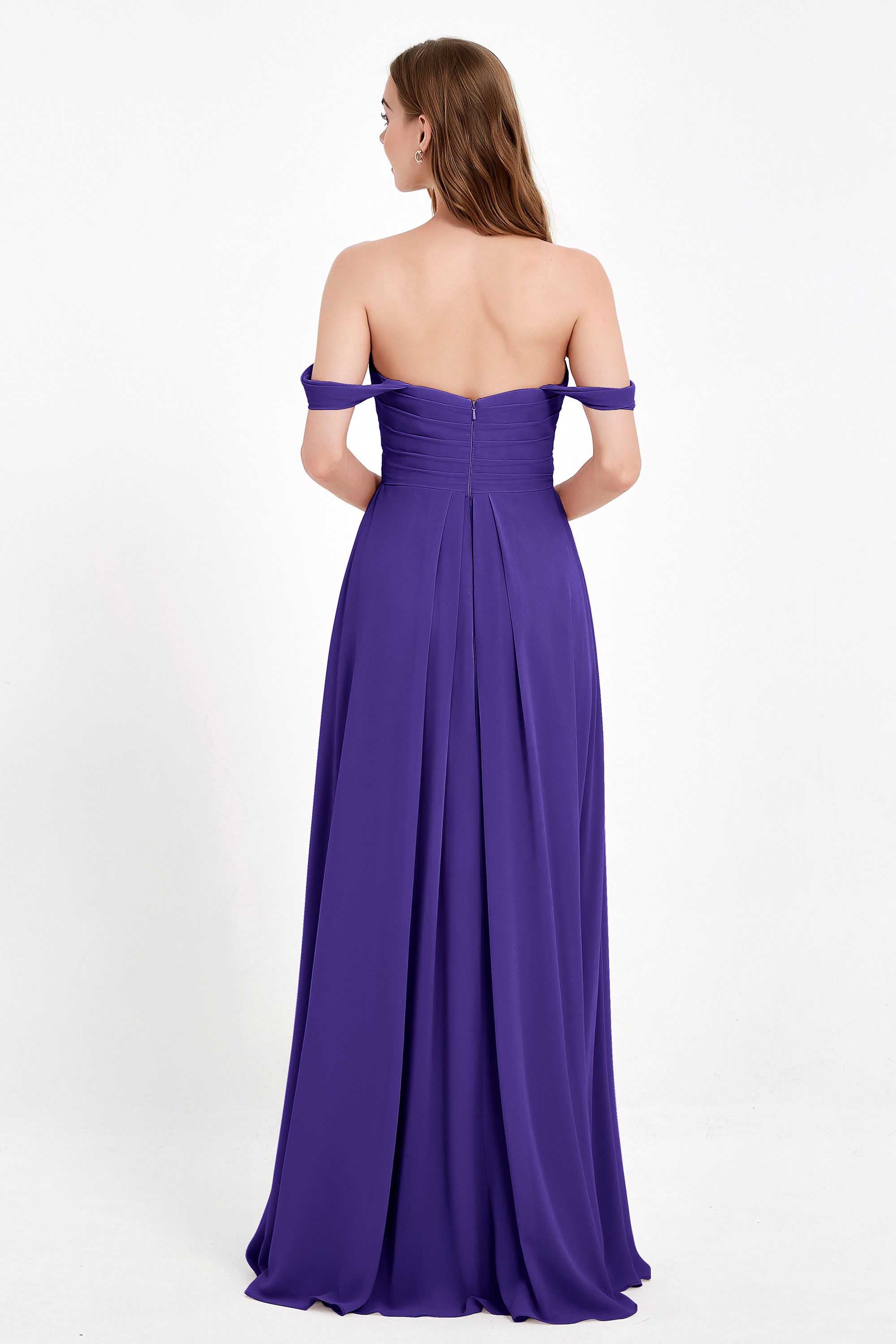 Off the Shoulder Chiffon Empire Bridesmaid Dress Pleated Ruched Long Formal Evening Gowns