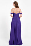 Off the Shoulder Chiffon Empire Bridesmaid Dress Pleated Ruched Long Formal Evening Gowns
