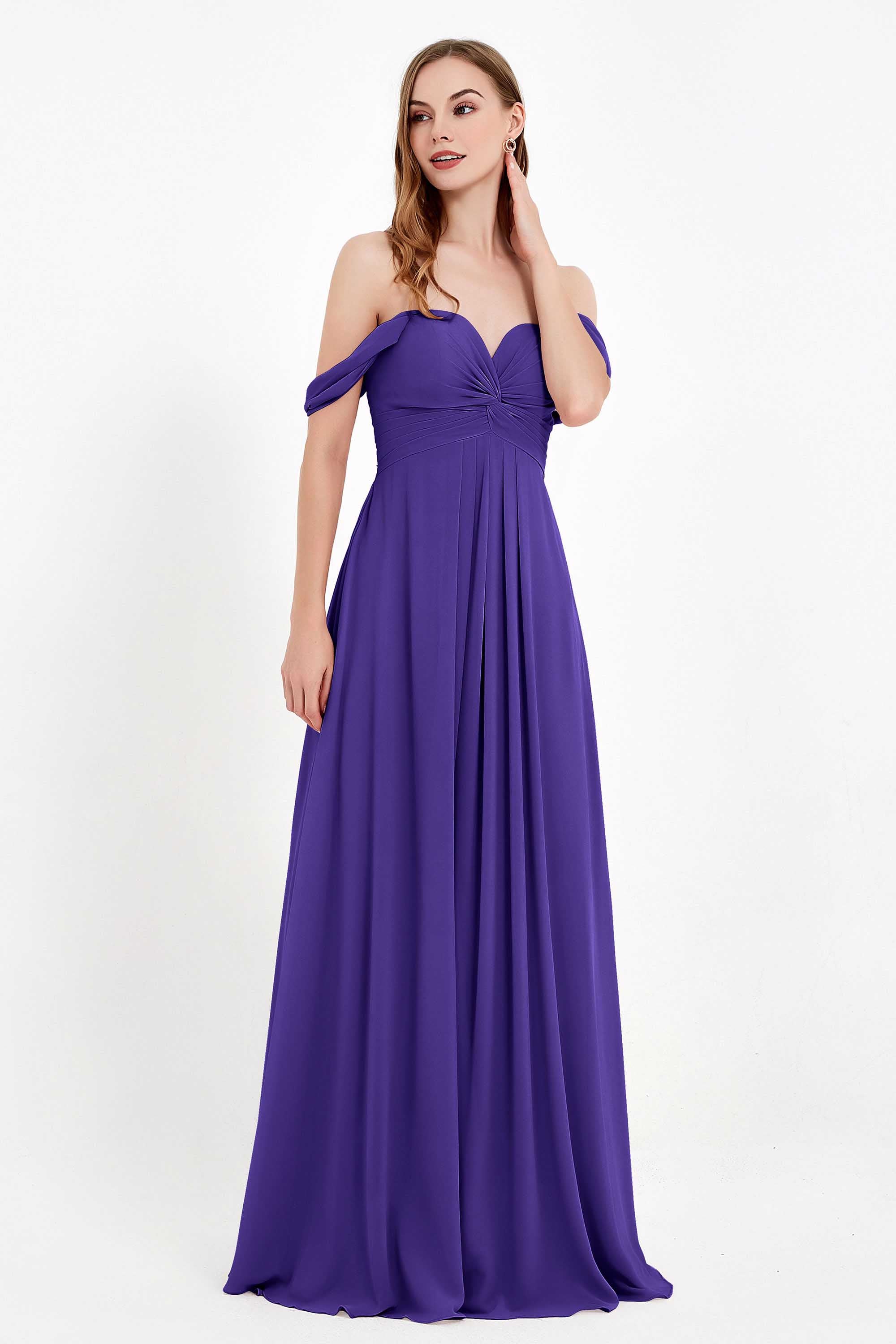 Off the Shoulder Chiffon Empire Bridesmaid Dress Pleated Ruched Long Formal Evening Gowns