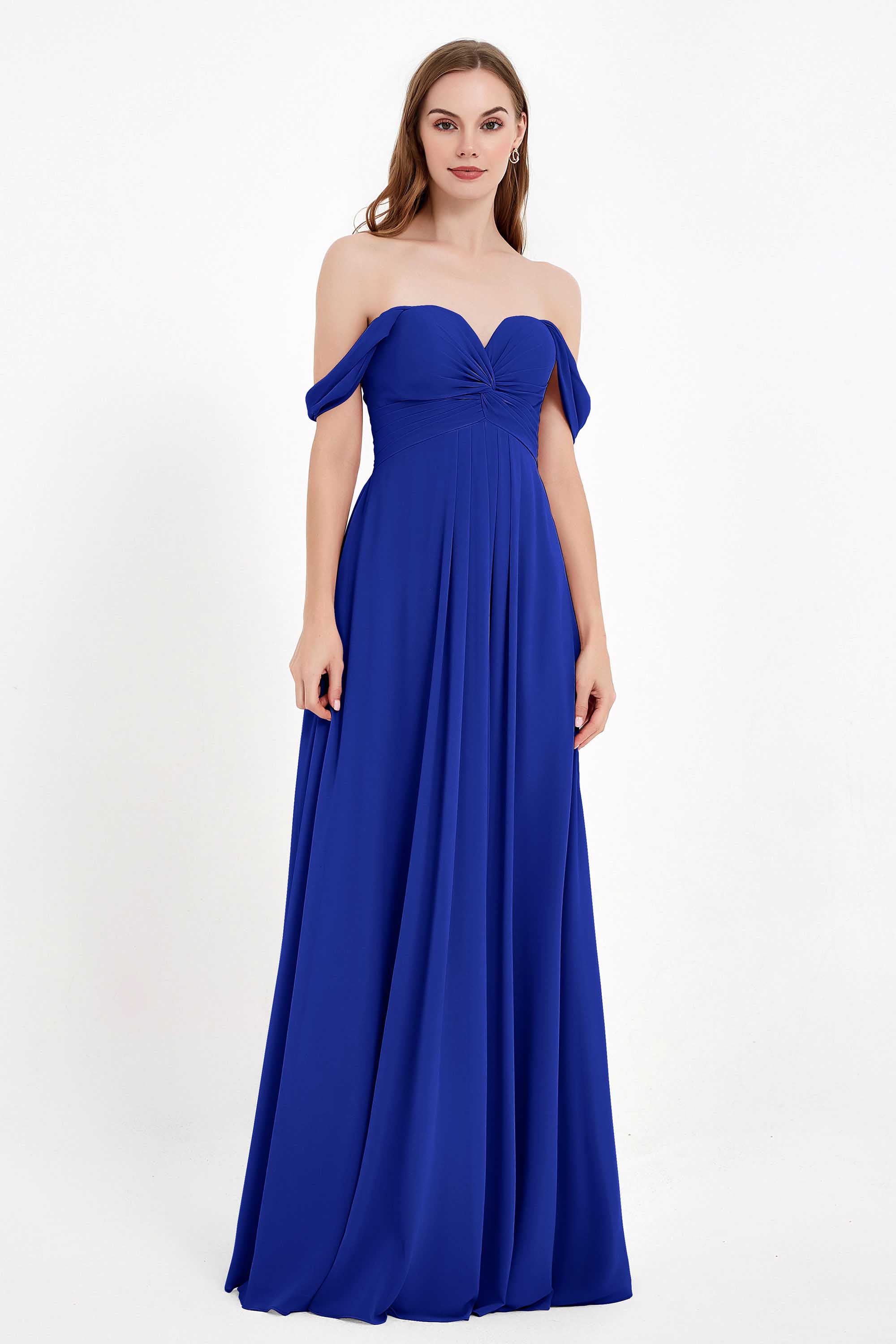 Off the Shoulder Chiffon Empire Bridesmaid Dress Pleated Ruched Long Formal Evening Gowns