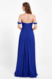 Off the Shoulder Chiffon Empire Bridesmaid Dress Pleated Ruched Long Formal Evening Gowns
