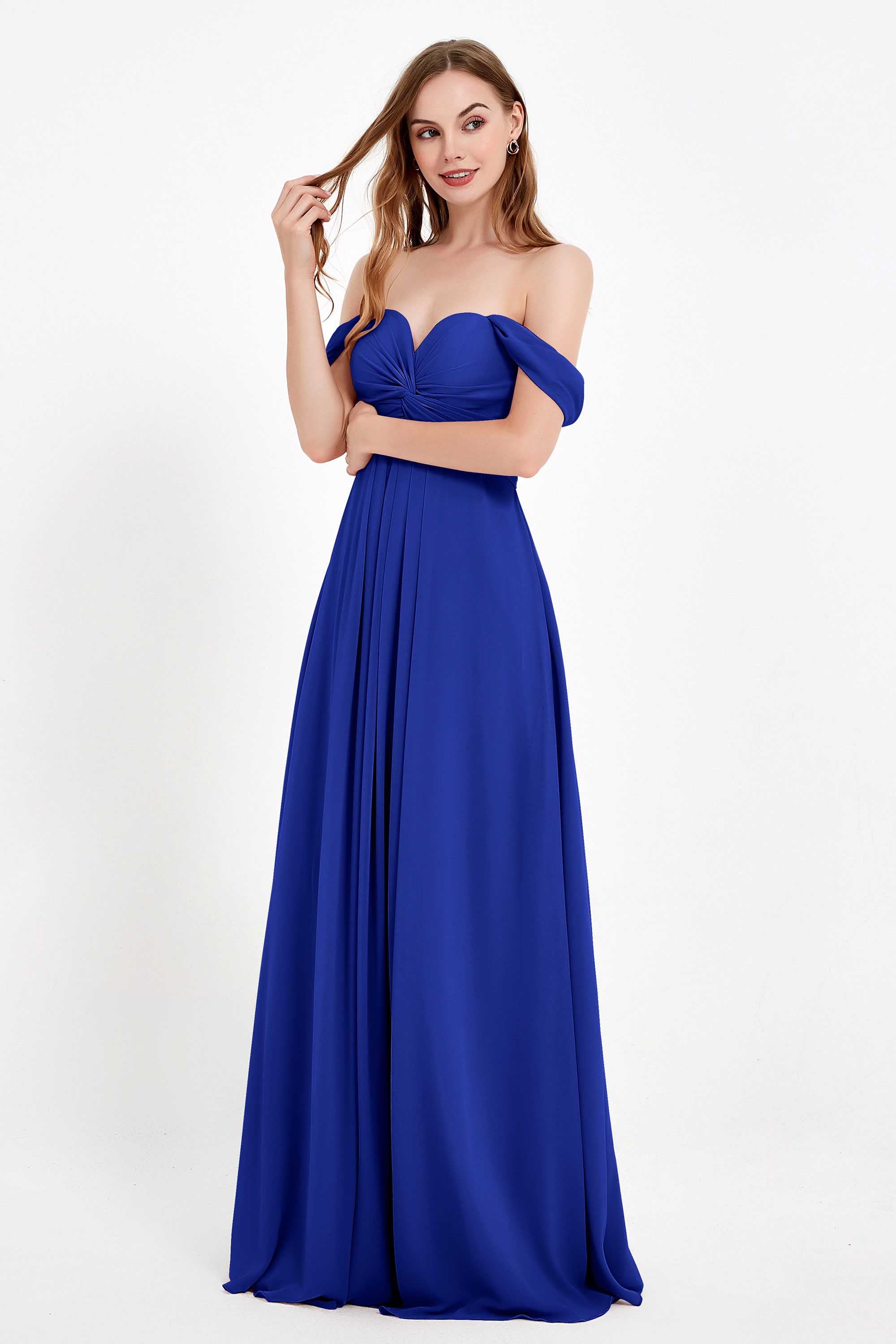 Off the Shoulder Chiffon Empire Bridesmaid Dress Pleated Ruched Long Formal Evening Gowns