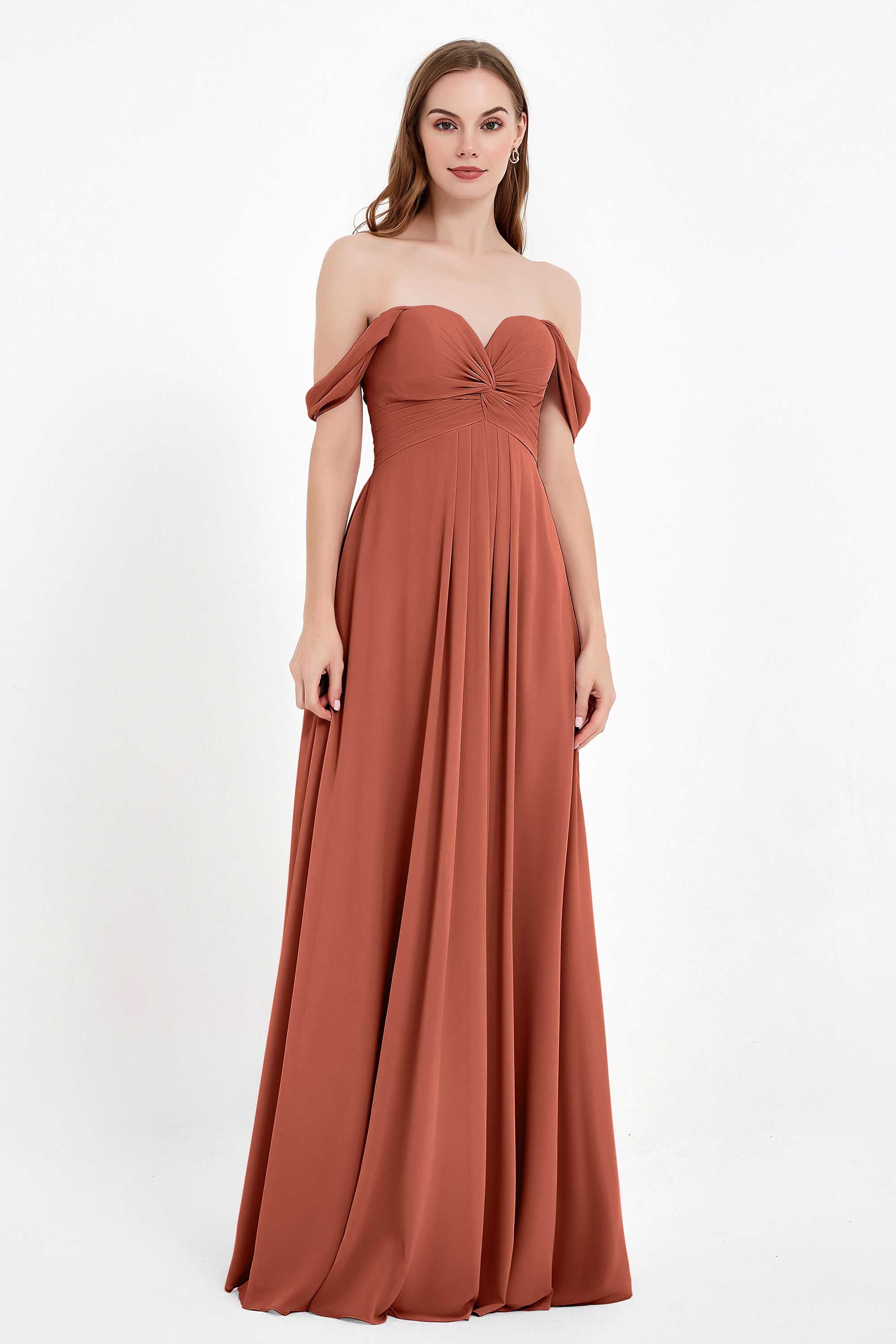 Off the Shoulder Chiffon Empire Bridesmaid Dress Pleated Ruched Long Formal Evening Gowns