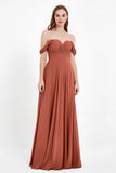 Off the Shoulder Chiffon Empire Bridesmaid Dress Pleated Ruched Long Formal Evening Gowns