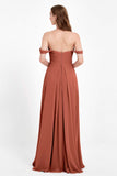Off the Shoulder Chiffon Empire Bridesmaid Dress Pleated Ruched Long Formal Evening Gowns