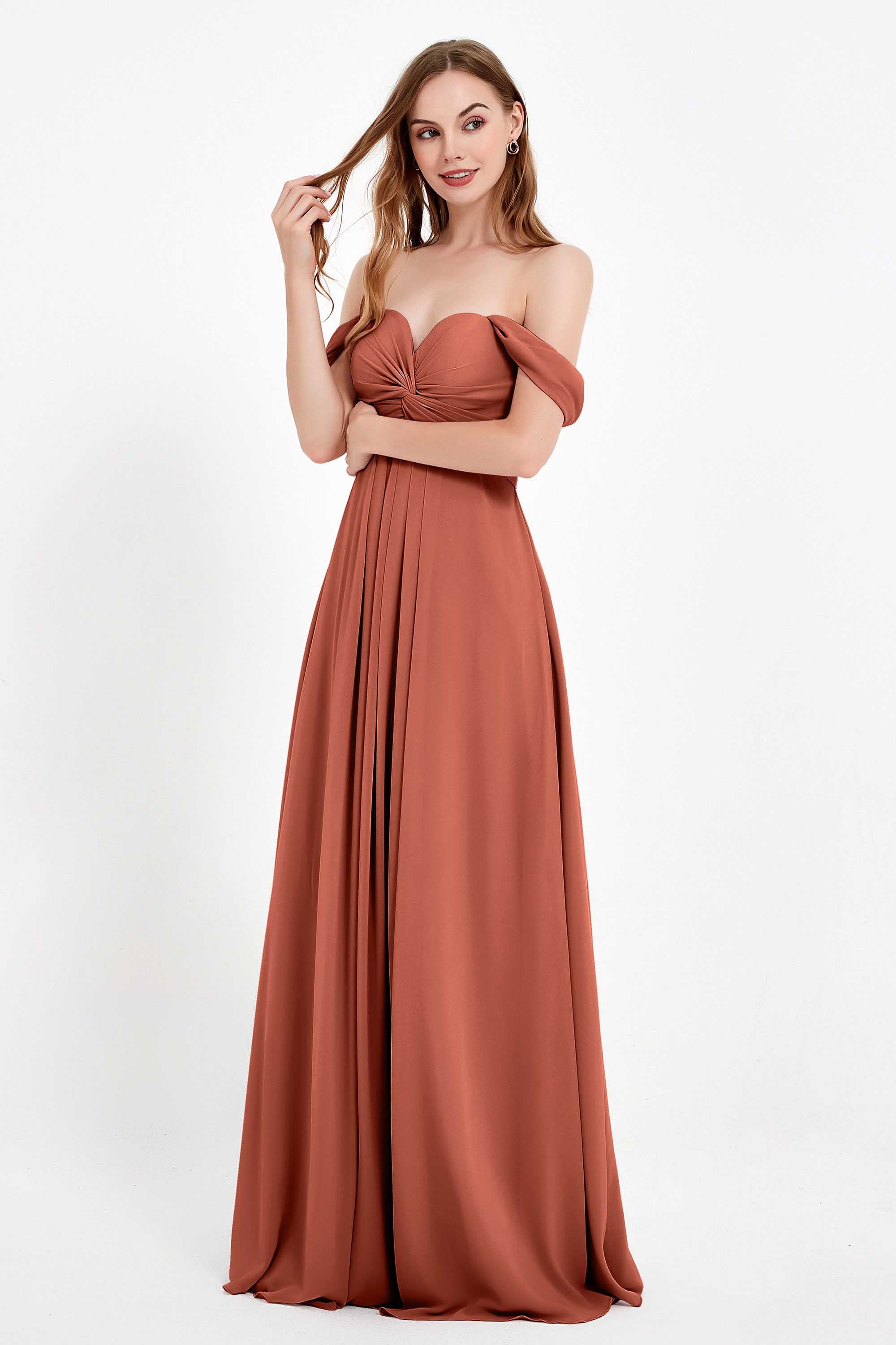Off the Shoulder Chiffon Empire Bridesmaid Dress Pleated Ruched Long Formal Evening Gowns