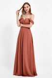 Off the Shoulder Chiffon Empire Bridesmaid Dress Pleated Ruched Long Formal Evening Gowns