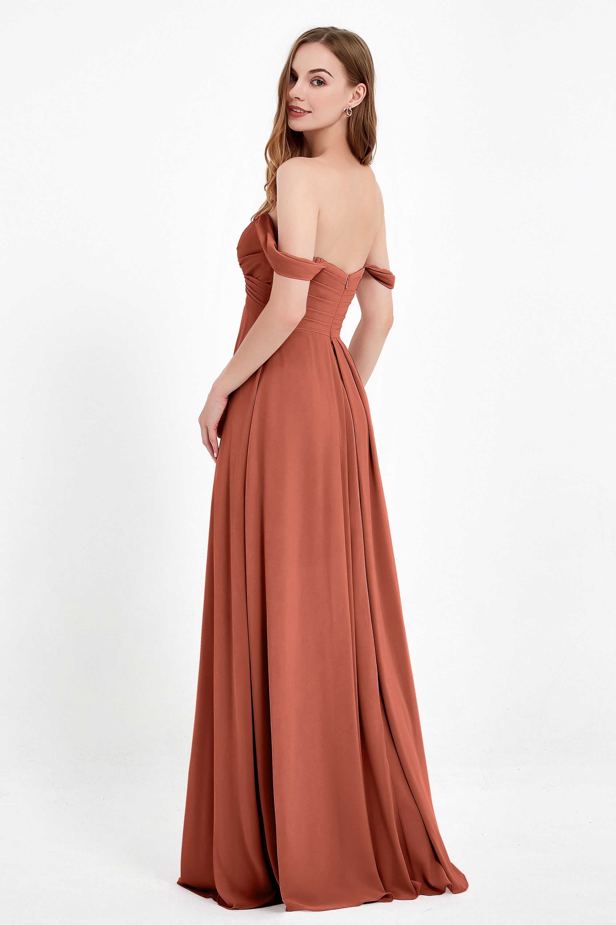 Off the Shoulder Chiffon Empire Bridesmaid Dress Pleated Ruched Long Formal Evening Gowns