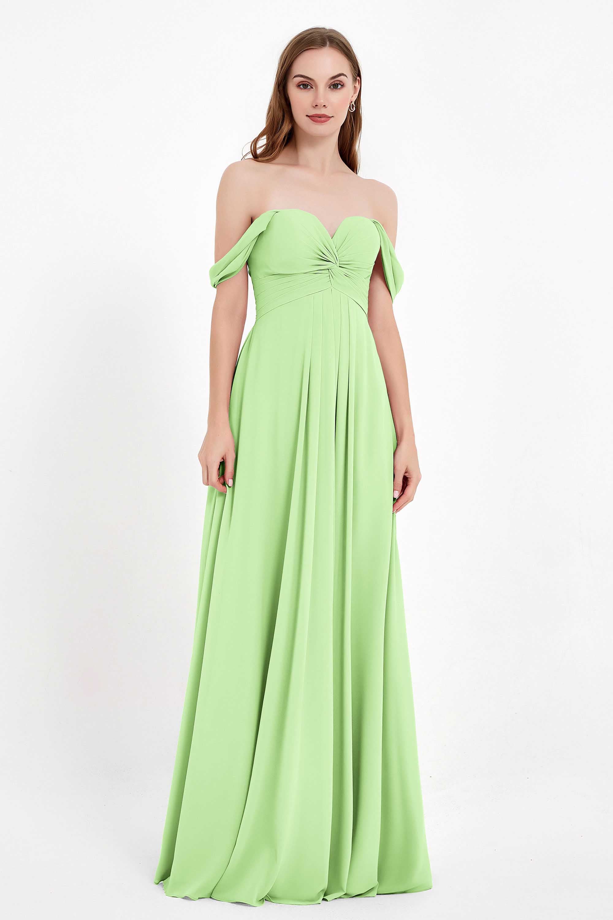 Off the Shoulder Chiffon Empire Bridesmaid Dress Pleated Ruched Long Formal Evening Gowns