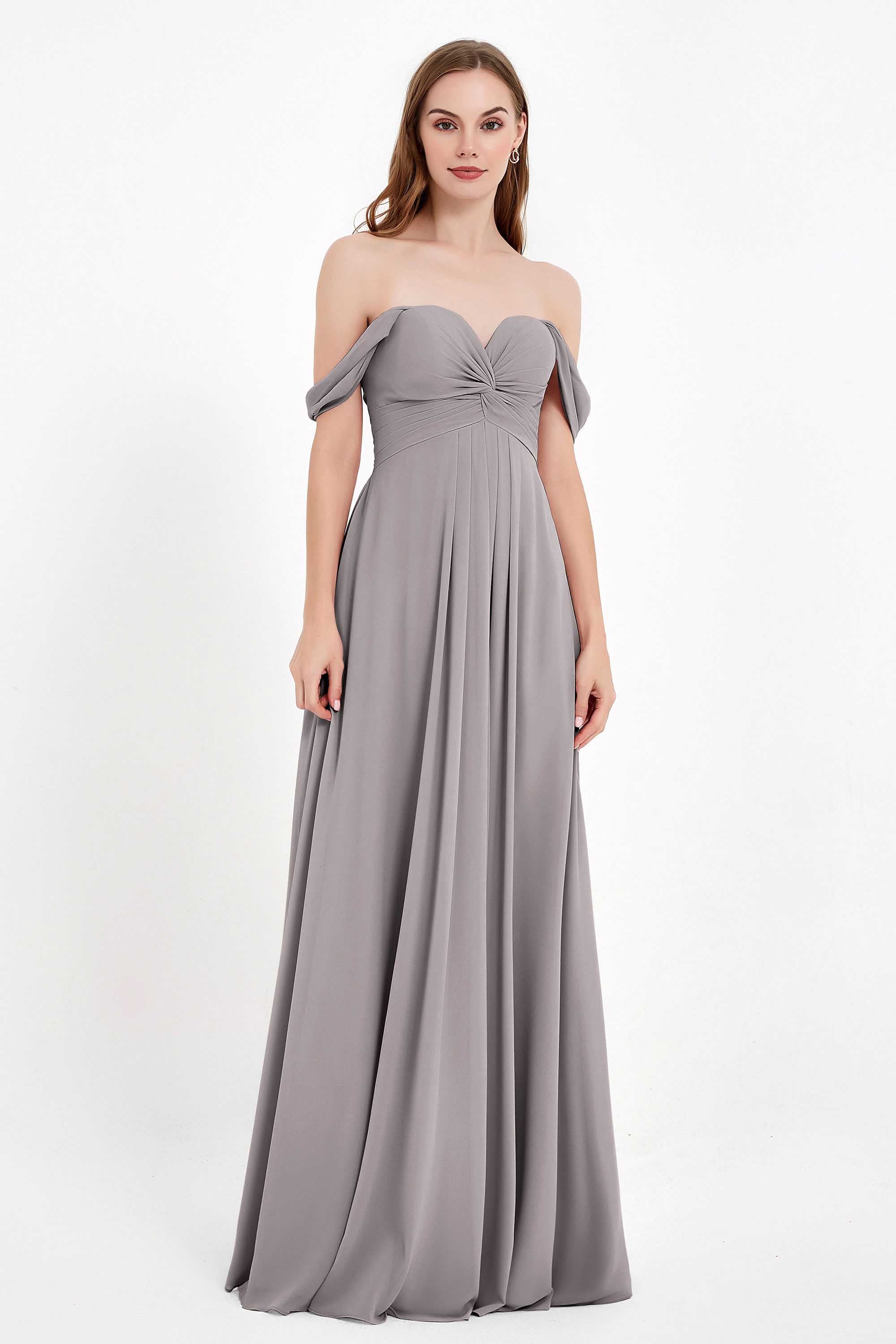 Off the Shoulder Chiffon Empire Bridesmaid Dress Pleated Ruched Long Formal Evening Gowns