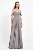 Off the Shoulder Chiffon Empire Bridesmaid Dress Pleated Ruched Long Formal Evening Gowns