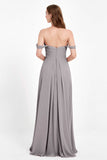Off the Shoulder Chiffon Empire Bridesmaid Dress Pleated Ruched Long Formal Evening Gowns