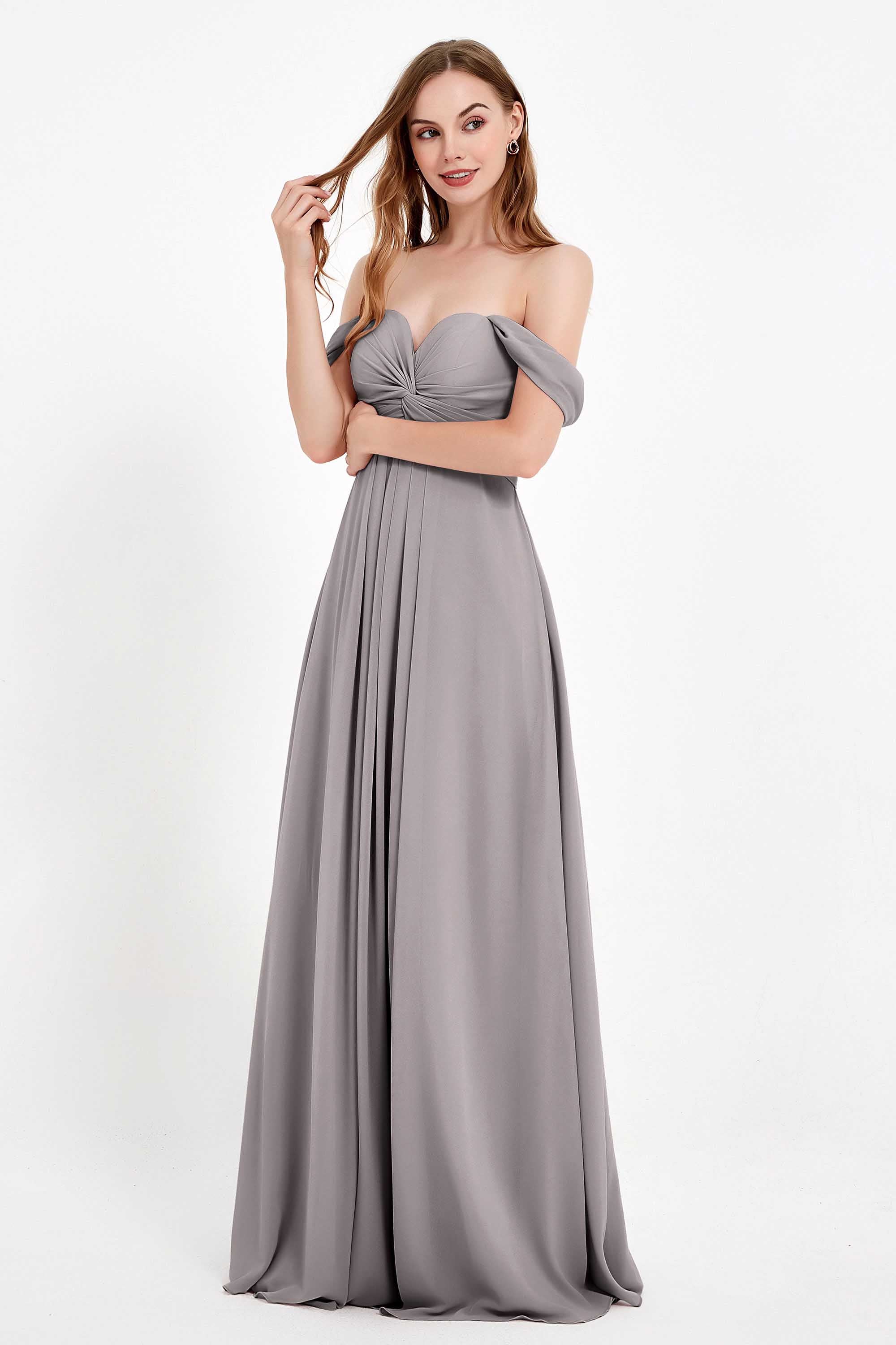 Off the Shoulder Chiffon Empire Bridesmaid Dress Pleated Ruched Long Formal Evening Gowns