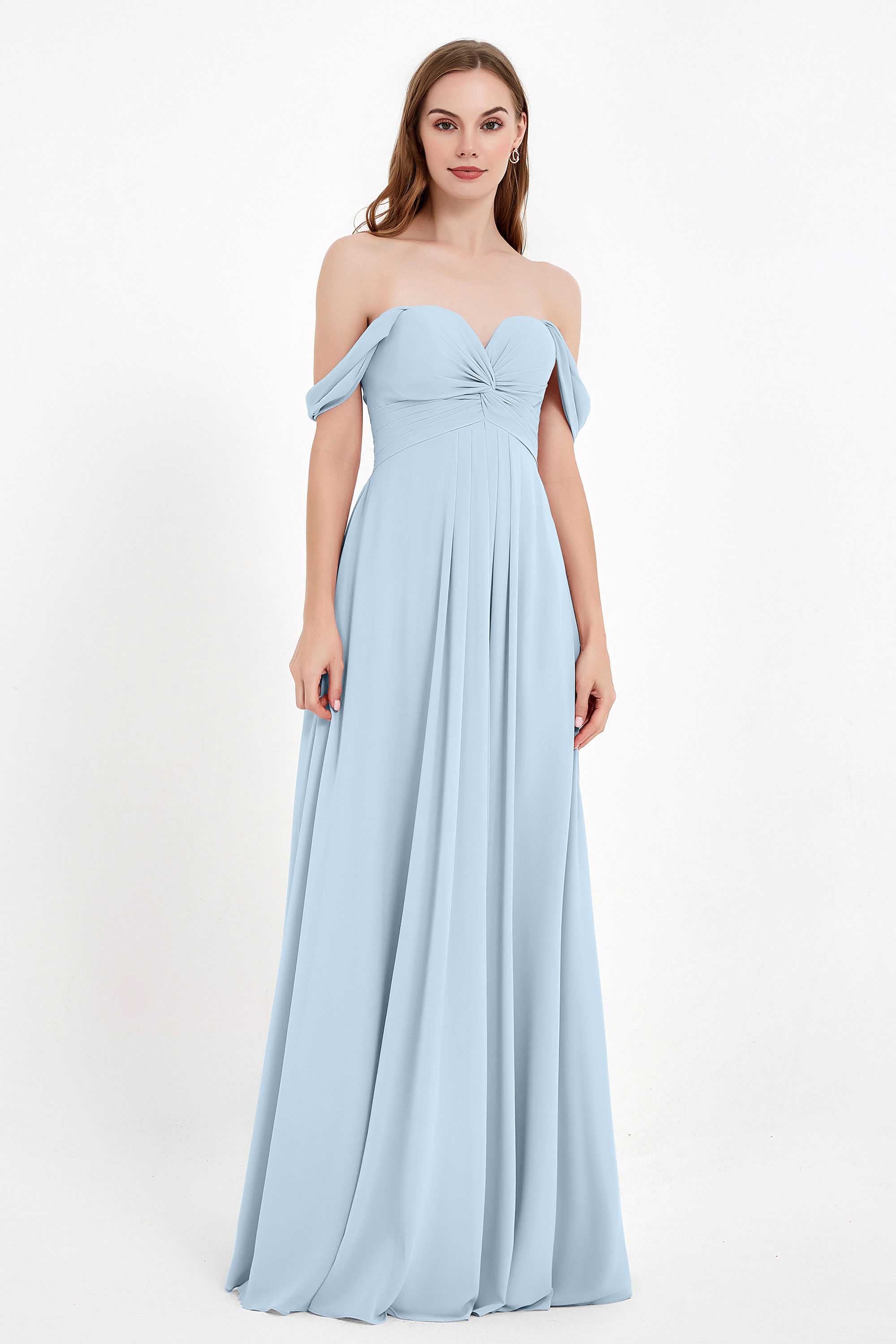 Off the Shoulder Chiffon Empire Bridesmaid Dress Pleated Ruched Long Formal Evening Gowns