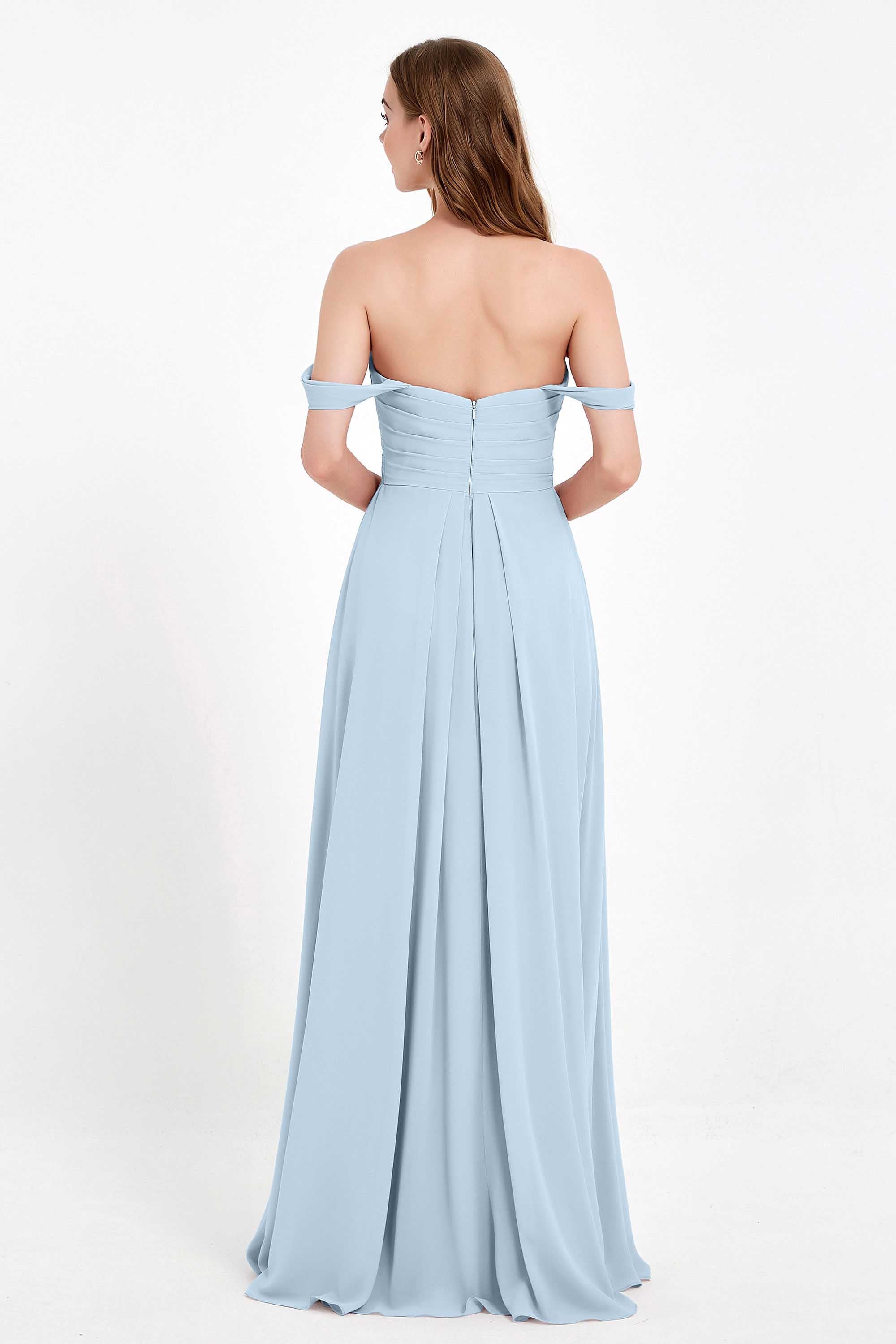 Off the Shoulder Chiffon Empire Bridesmaid Dress Pleated Ruched Long Formal Evening Gowns