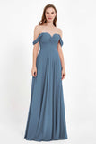 Off the Shoulder Chiffon Empire Bridesmaid Dress Pleated Ruched Long Formal Evening Gowns