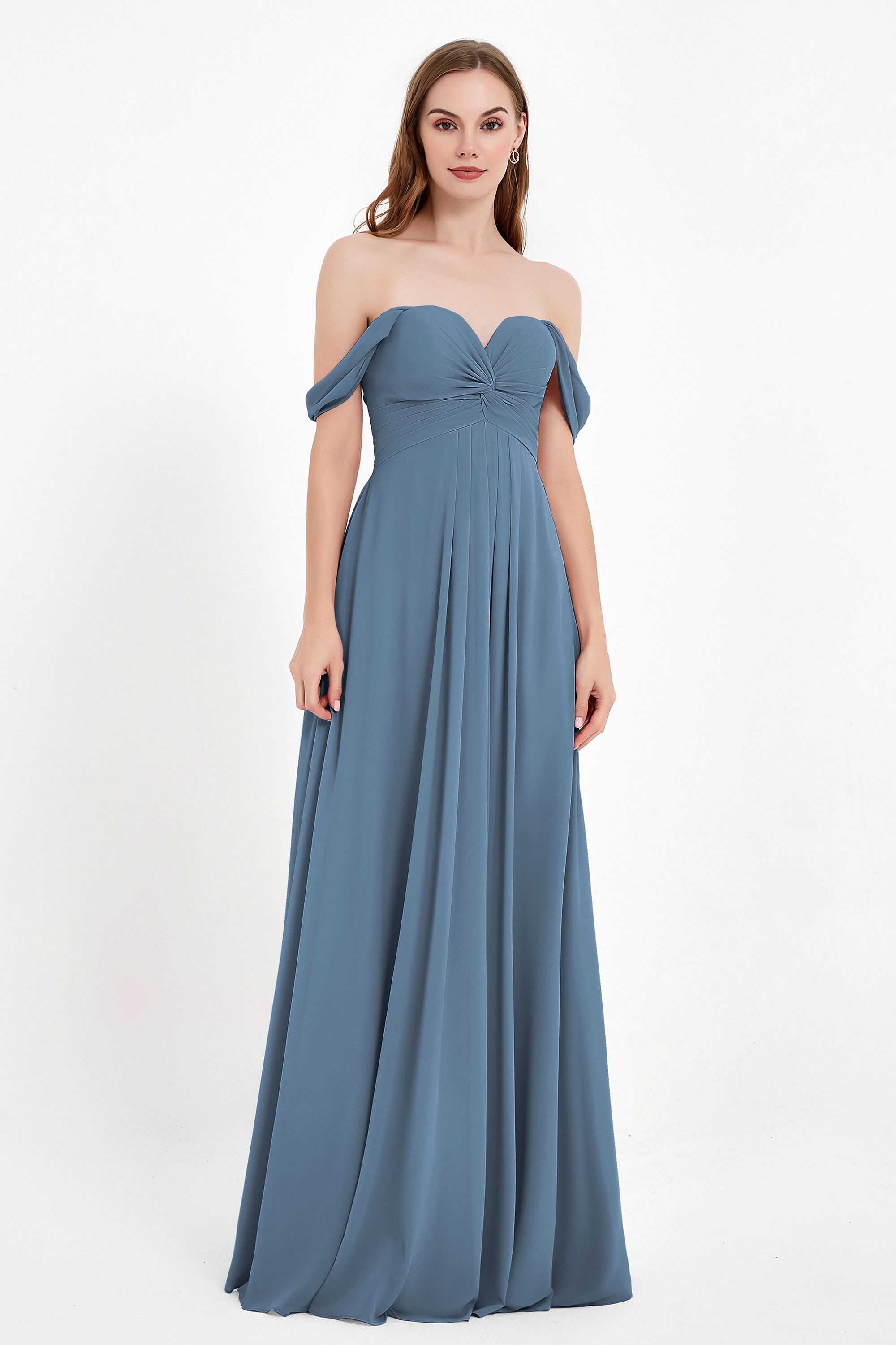 Off the Shoulder Chiffon Empire Bridesmaid Dress Pleated Ruched Long Formal Evening Gowns
