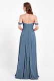 Off the Shoulder Chiffon Empire Bridesmaid Dress Pleated Ruched Long Formal Evening Gowns