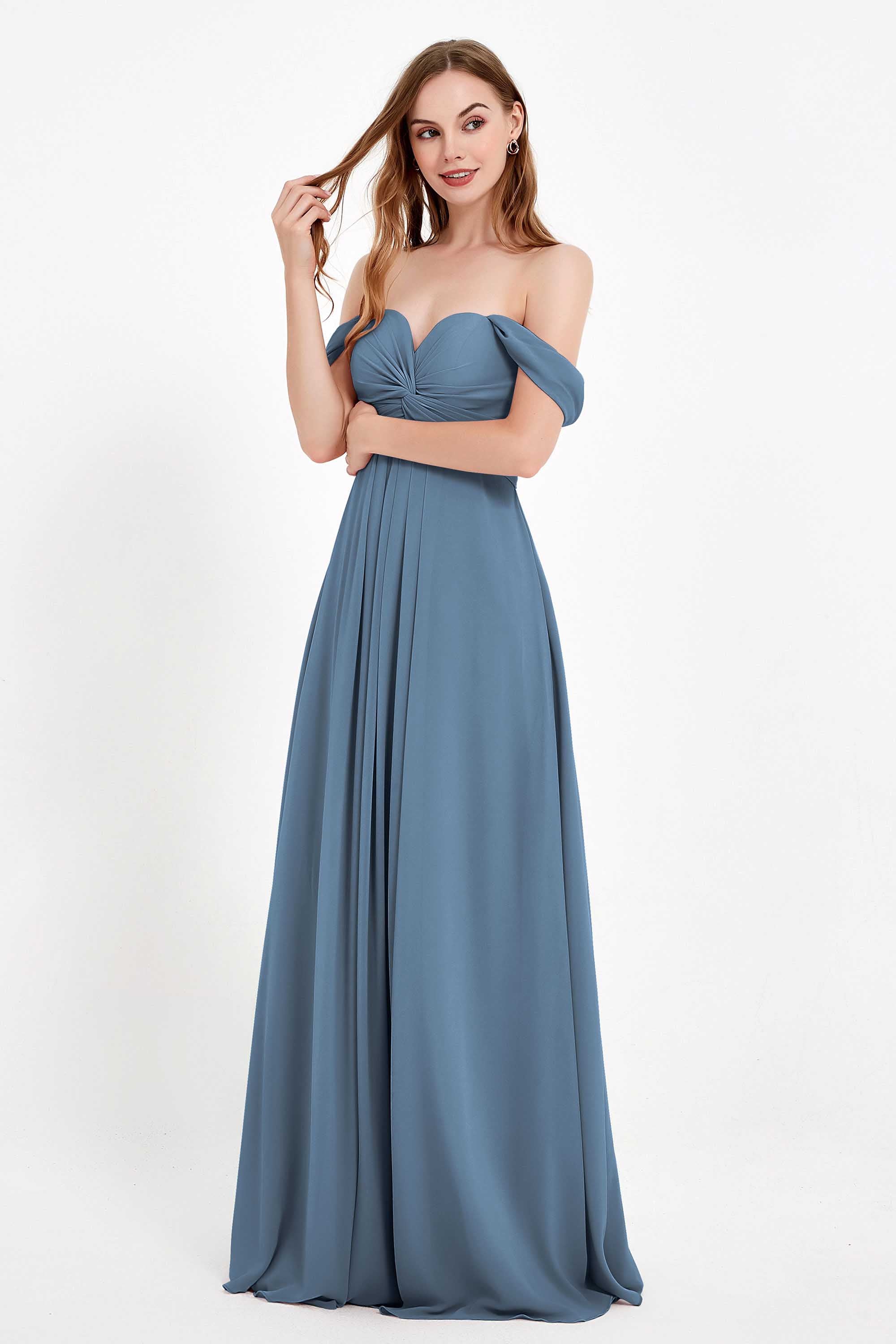 Off the Shoulder Chiffon Empire Bridesmaid Dress Pleated Ruched Long Formal Evening Gowns
