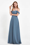 Off the Shoulder Chiffon Empire Bridesmaid Dress Pleated Ruched Long Formal Evening Gowns