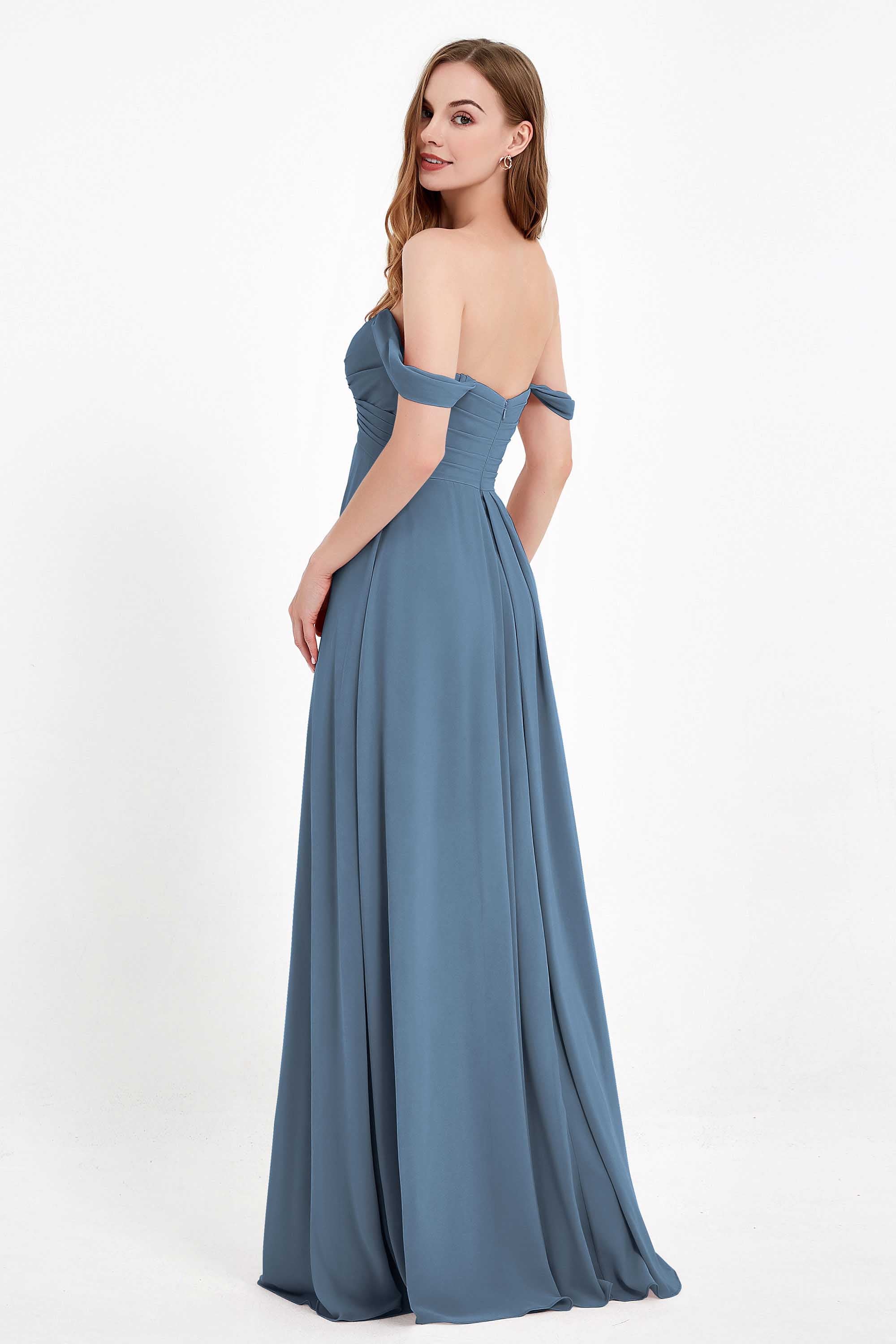 Off the Shoulder Chiffon Empire Bridesmaid Dress Pleated Ruched Long Formal Evening Gowns