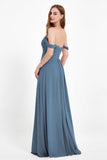 Off the Shoulder Chiffon Empire Bridesmaid Dress Pleated Ruched Long Formal Evening Gowns