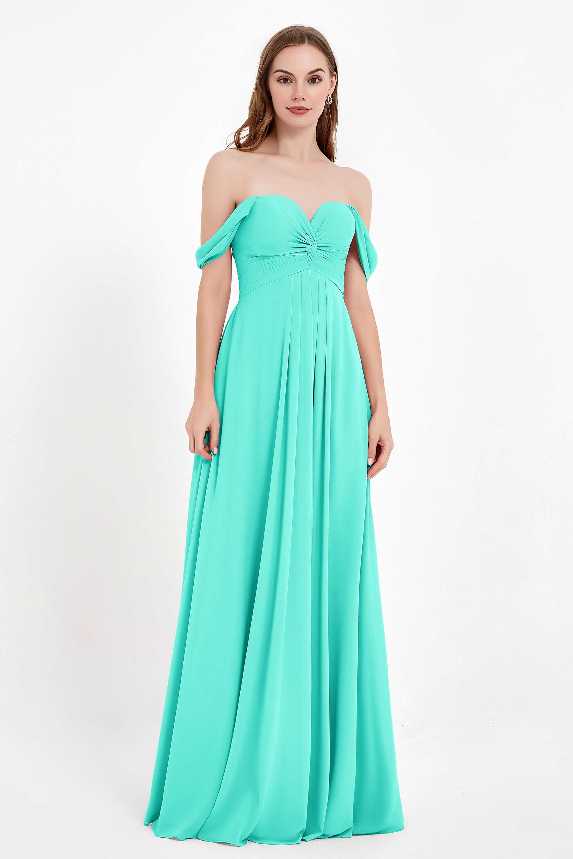 Off the Shoulder Chiffon Empire Bridesmaid Dress Pleated Ruched Long Formal Evening Gowns