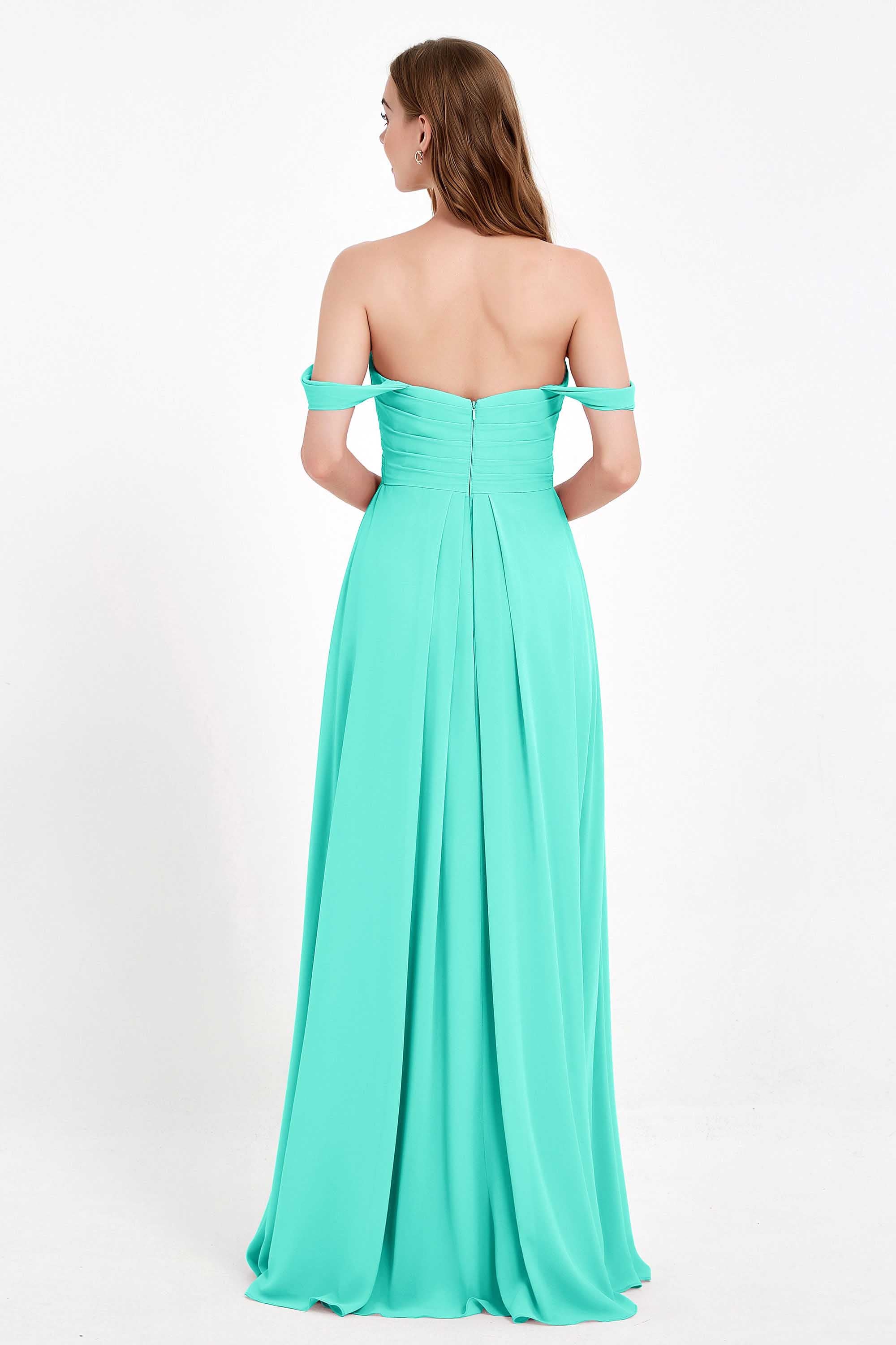 Off the Shoulder Chiffon Empire Bridesmaid Dress Pleated Ruched Long Formal Evening Gowns