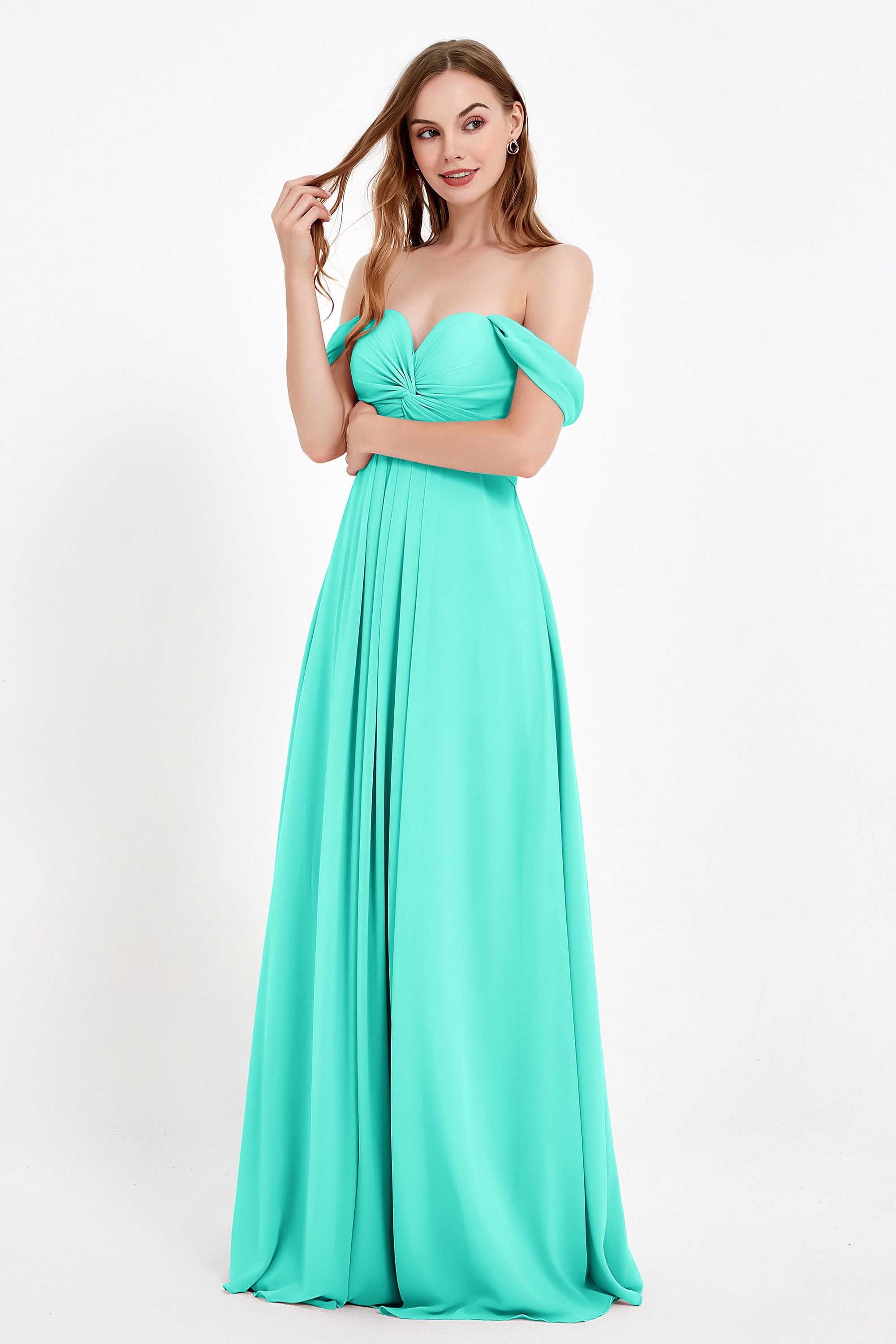 Off the Shoulder Chiffon Empire Bridesmaid Dress Pleated Ruched Long Formal Evening Gowns