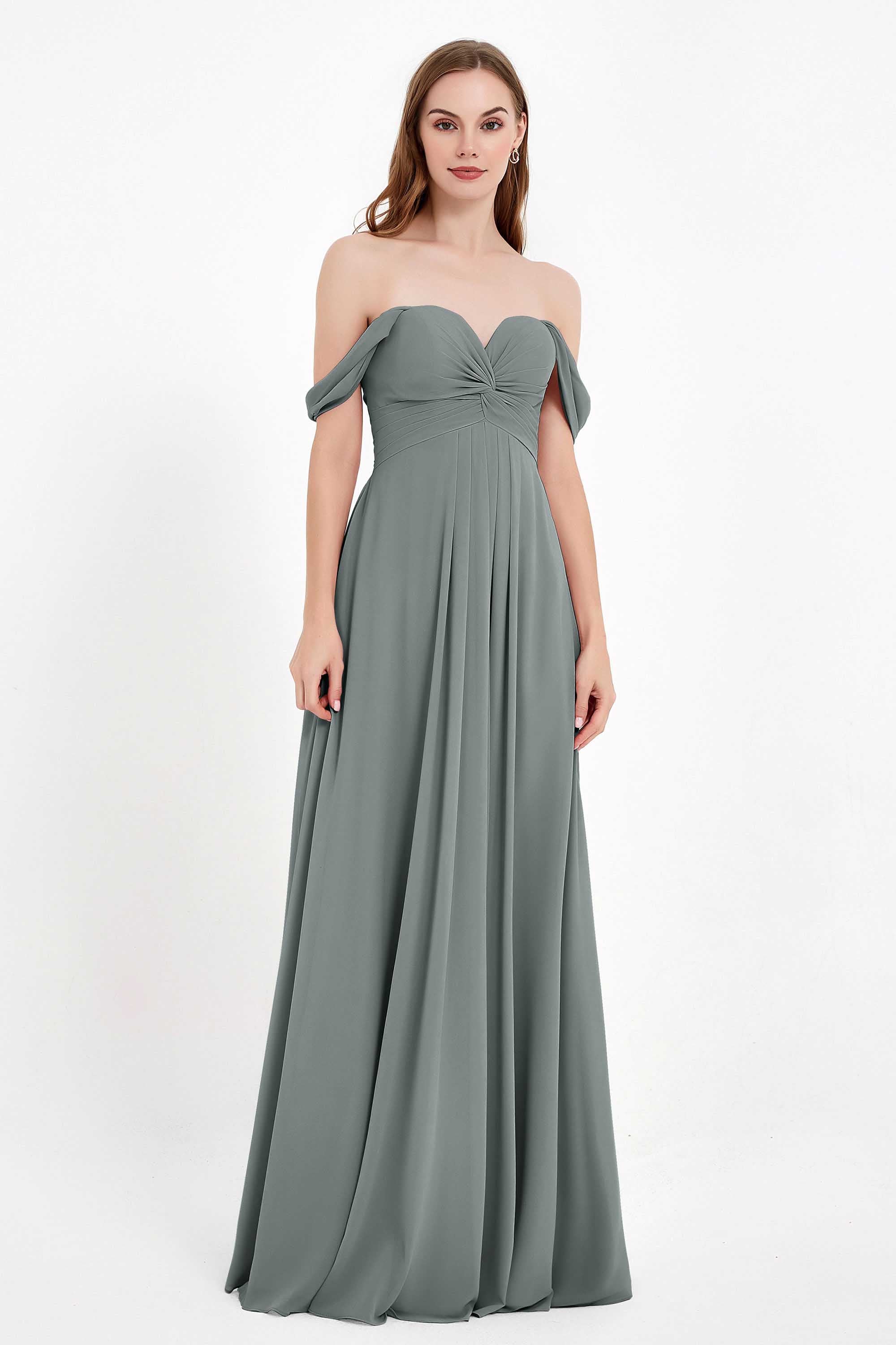Off the Shoulder Chiffon Empire Bridesmaid Dress Pleated Ruched Long Formal Evening Gowns