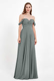 Off the Shoulder Chiffon Empire Bridesmaid Dress Pleated Ruched Long Formal Evening Gowns
