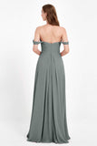 Off the Shoulder Chiffon Empire Bridesmaid Dress Pleated Ruched Long Formal Evening Gowns