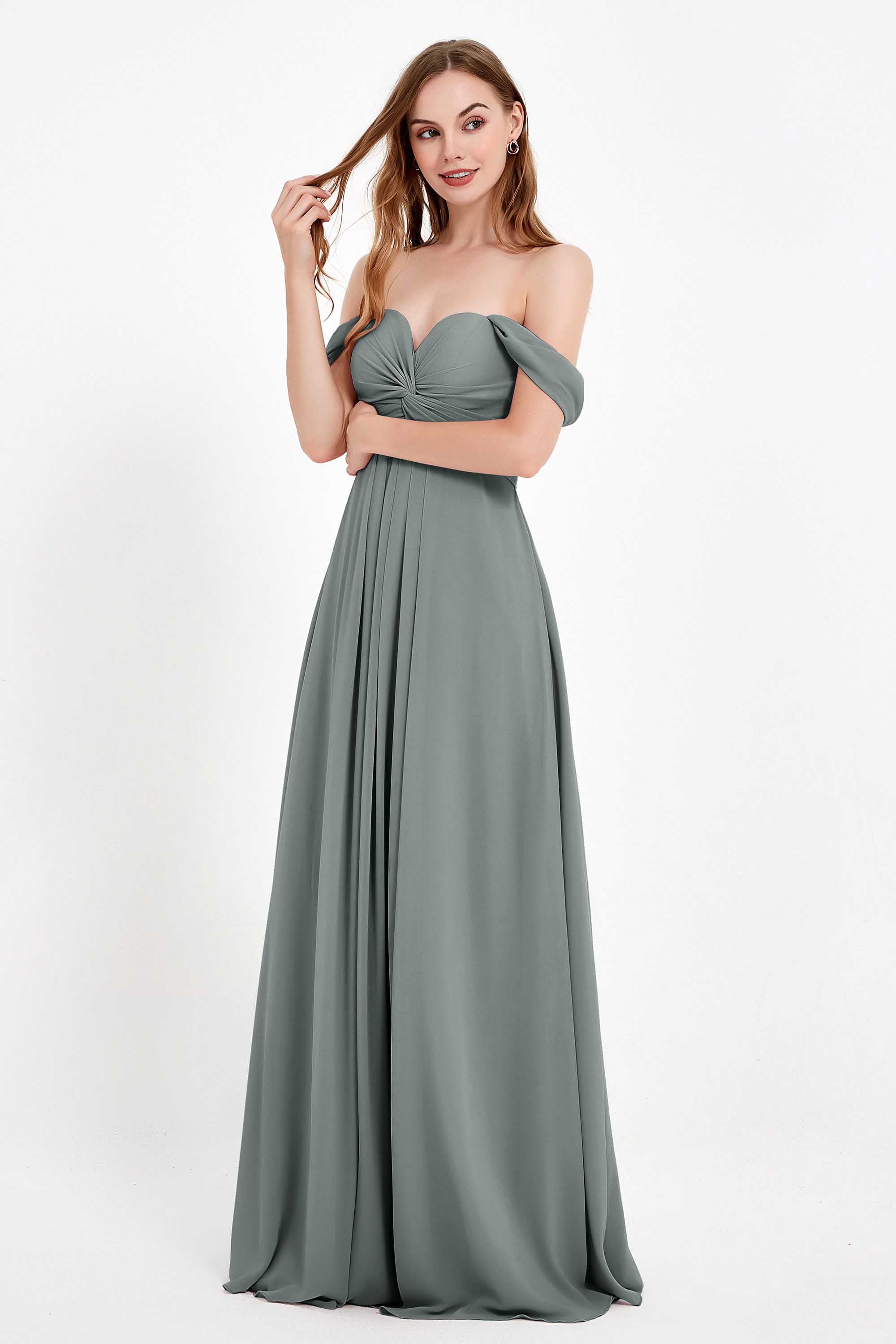 Off the Shoulder Chiffon Empire Bridesmaid Dress Pleated Ruched Long Formal Evening Gowns