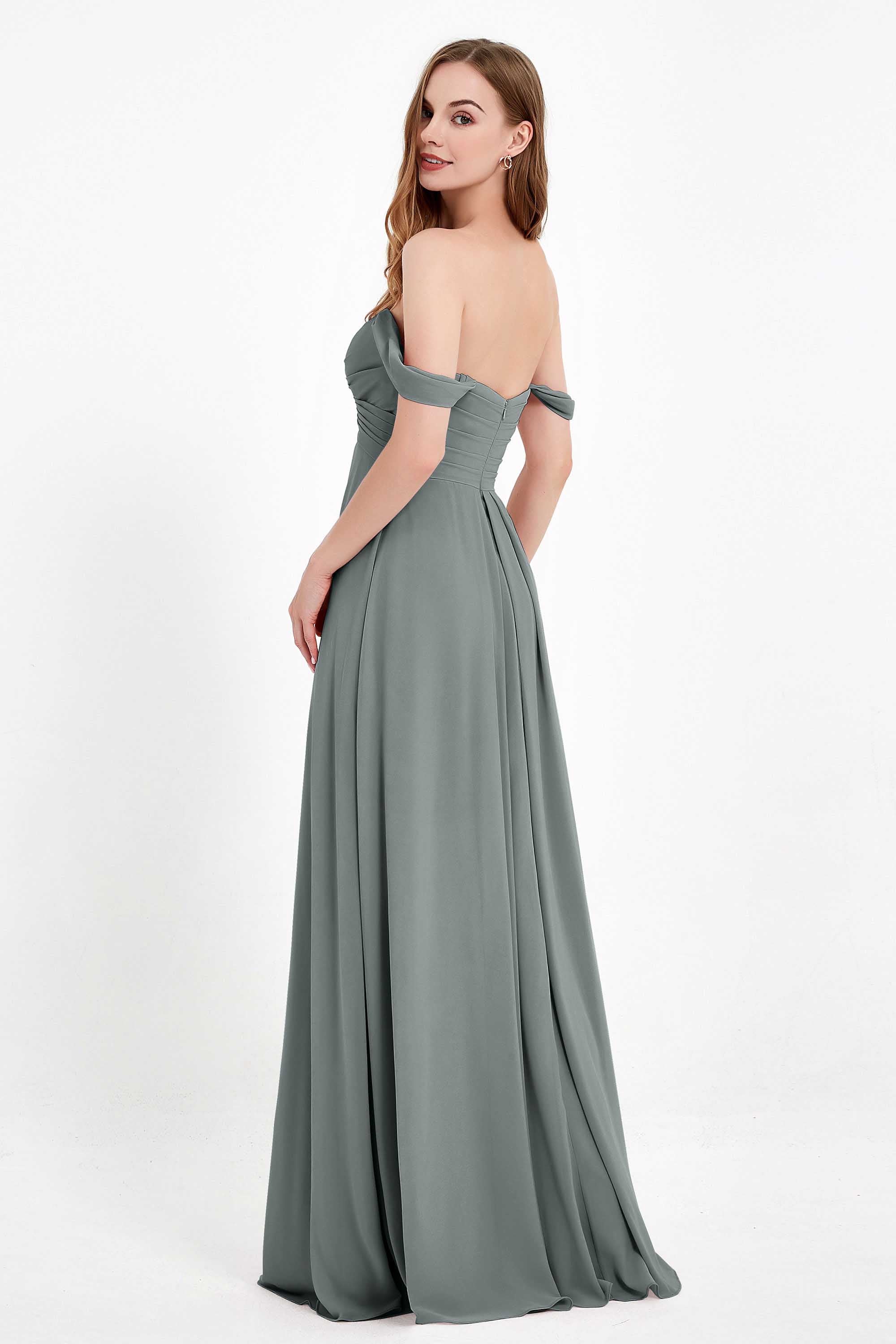 Off the Shoulder Chiffon Empire Bridesmaid Dress Pleated Ruched Long Formal Evening Gowns