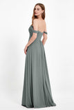 Off the Shoulder Chiffon Empire Bridesmaid Dress Pleated Ruched Long Formal Evening Gowns