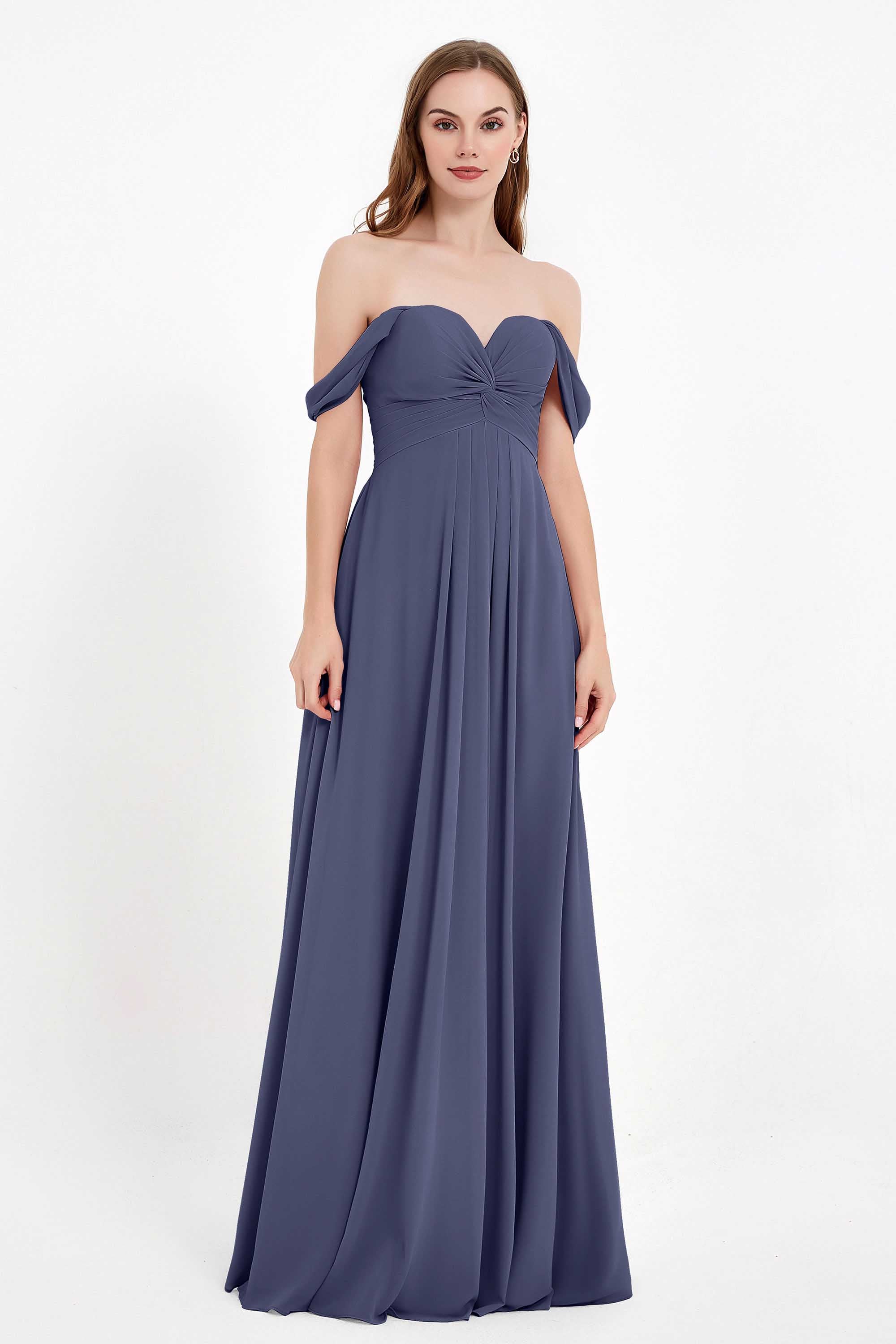 Off the Shoulder Chiffon Empire Bridesmaid Dress Pleated Ruched Long Formal Evening Gowns