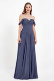 Off the Shoulder Chiffon Empire Bridesmaid Dress Pleated Ruched Long Formal Evening Gowns