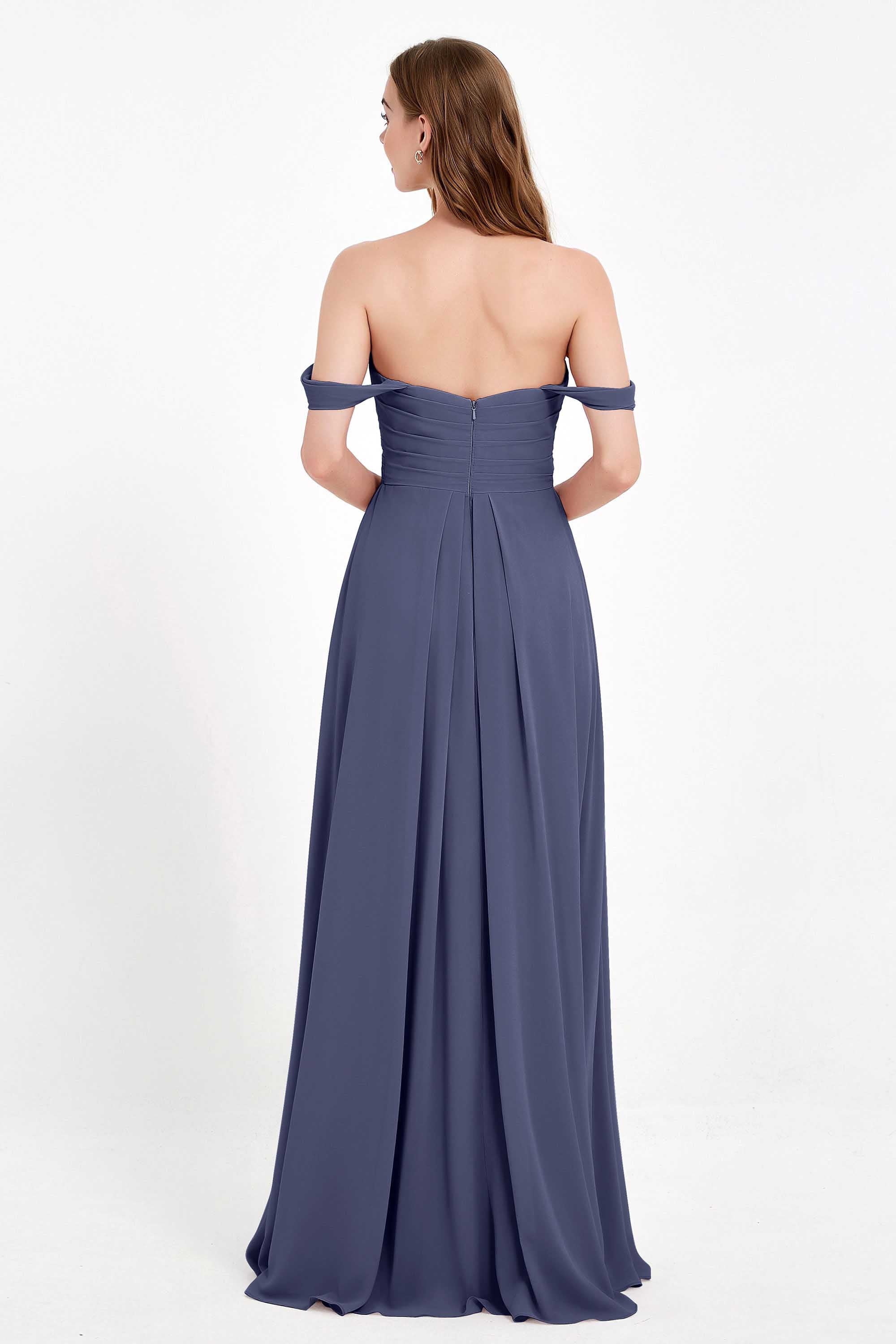 Off the Shoulder Chiffon Empire Bridesmaid Dress Pleated Ruched Long Formal Evening Gowns