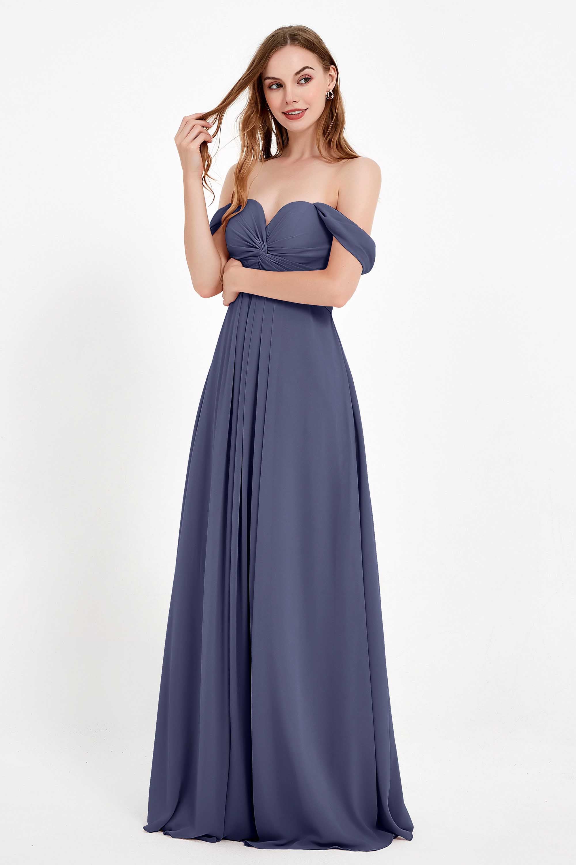 Off the Shoulder Chiffon Empire Bridesmaid Dress Pleated Ruched Long Formal Evening Gowns