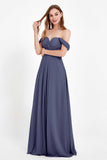 Off the Shoulder Chiffon Empire Bridesmaid Dress Pleated Ruched Long Formal Evening Gowns