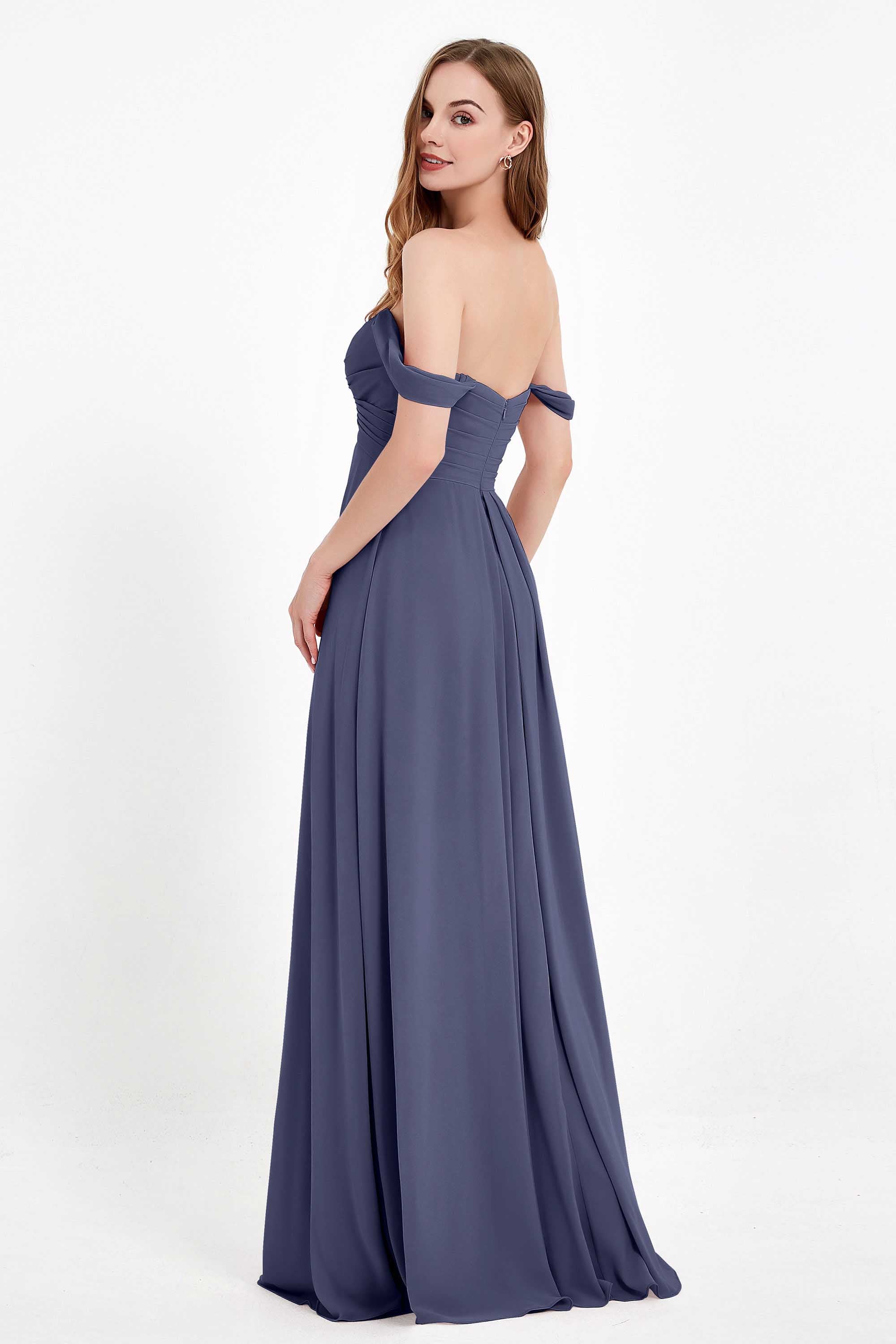 Off the Shoulder Chiffon Empire Bridesmaid Dress Pleated Ruched Long Formal Evening Gowns