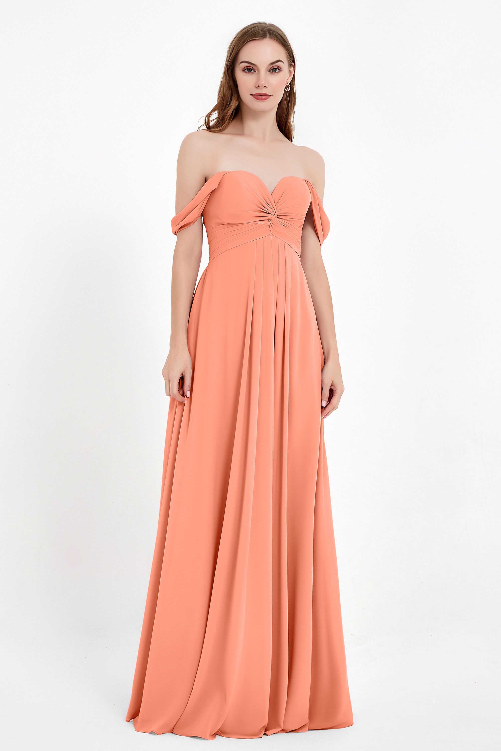 Off the Shoulder Chiffon Empire Bridesmaid Dress Pleated Ruched Long Formal Evening Gowns